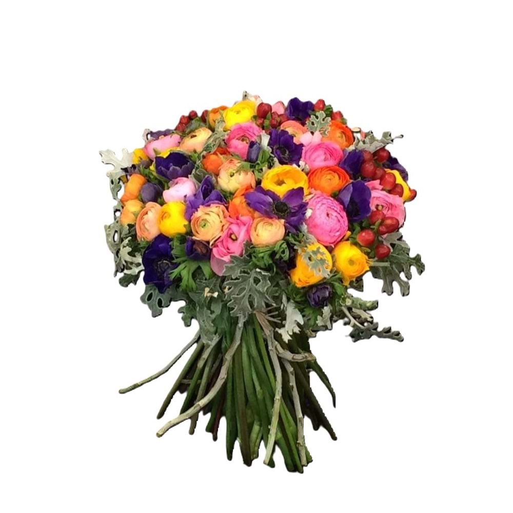 Bouquet of Colorful Ranunculus (Persian Buttercup) with Fresh Greens.
