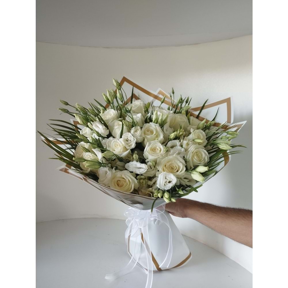 Bouquet of White Roses and Lisianthus with Fresh Greens.