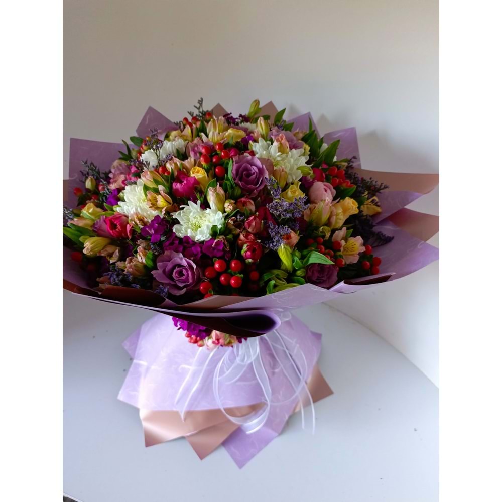 Bouquet of Colorful Roses, Aster, Gerbera, and Wildflowers.