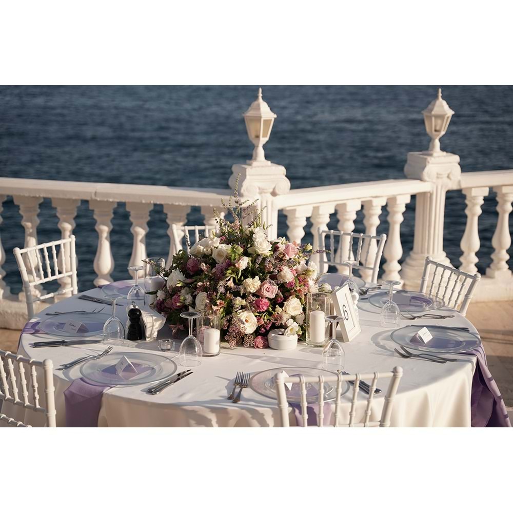 Round Table Decoration with Roses, Lisianthus, Alstroemeria, Statice and Lavender without a Vase