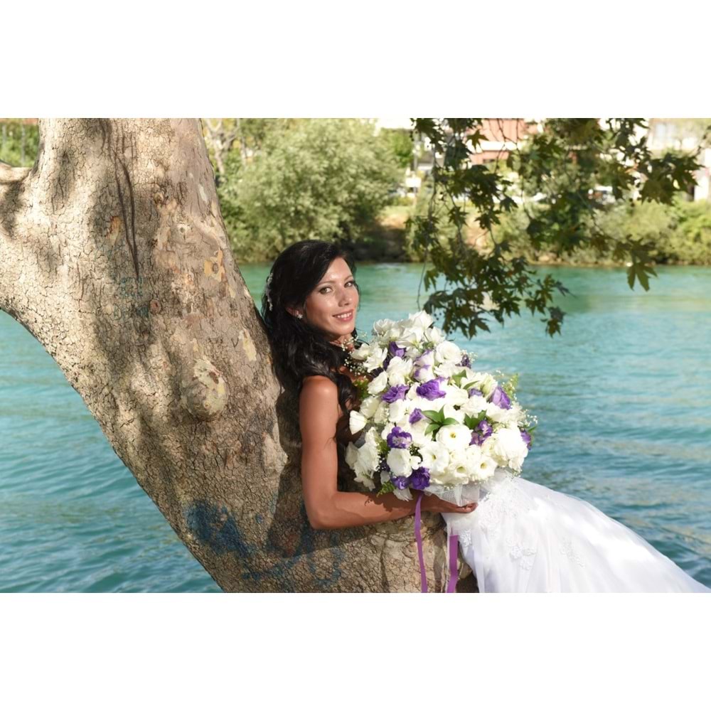 Bouquet of White Roses, Italian Ruscus, and White & Purple Lisianthus