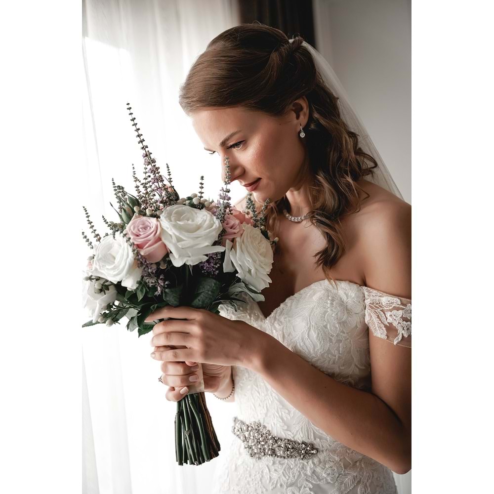 Bouquet of White and Purple Roses with Fresh Lavender and Fresh Greens