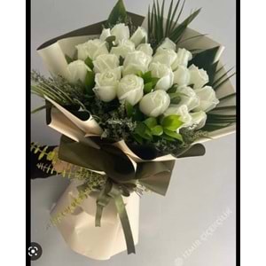 Bouquet of White Roses and Ruscus with Fresh Greens..