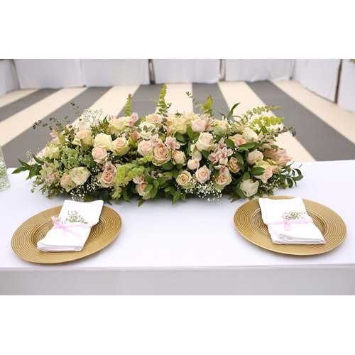 Long Table Decoration with a Floral Path of Roses and Alstroemeria