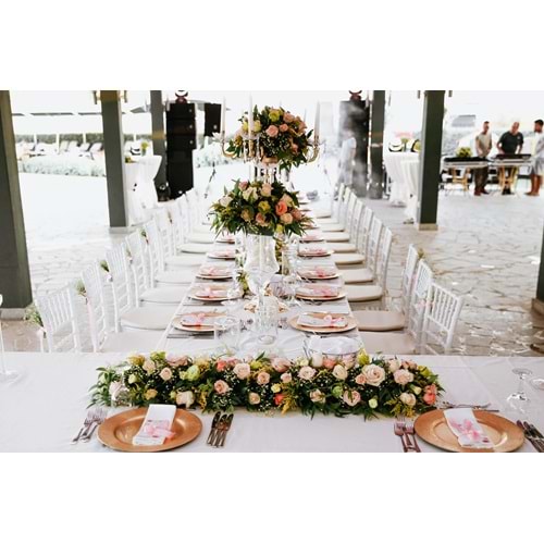 Long Table Decoration with a Floral Path of Roses and Alstroemeria