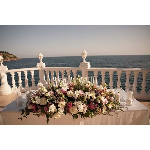 Long Table Decoration with a Floral Path of Roses, Lisianthus, Alstroemeria, Statice and Lavender