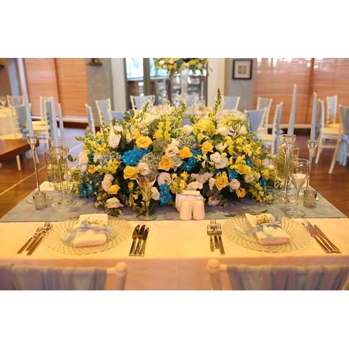 Long Table Decoration with a Floral Path of Roses, Lisianthus, Hydrangeas, and Gerberas