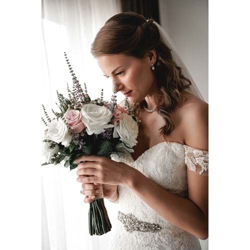 Bouquet of White and Purple Roses with Fresh Lavender and Fresh Greens