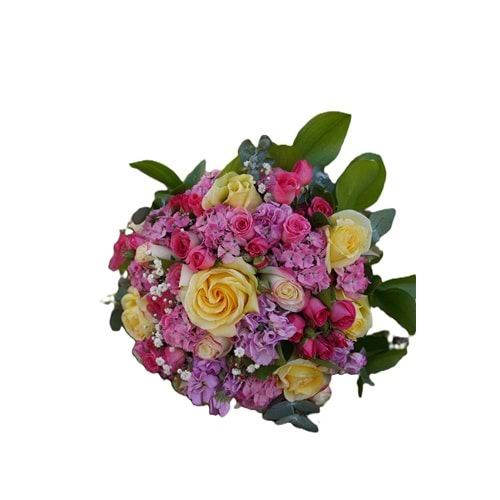 Round Bouquet of Mixed Colors Roses, Sweet William, and Italian Ruscus